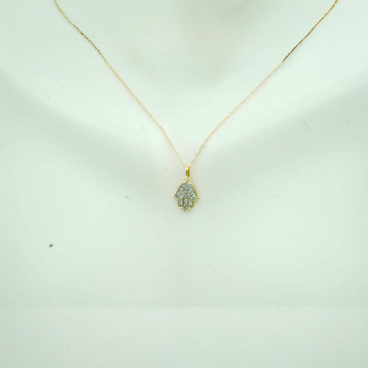 Yellow Gold Diamond Hamsa Charm with Chain .10ct TW